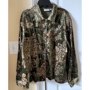 Erin London Women 1X Green Velvet Burnout Jacket Metallic Gold Floral Boho Artsy